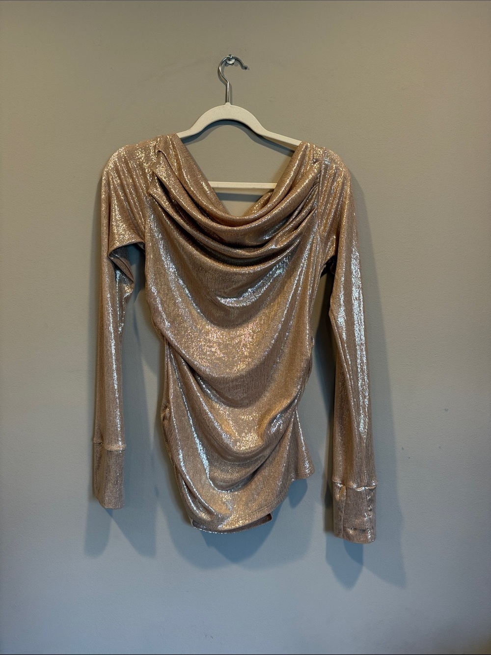 MARCELLA Metallic Champagne Shimmer Drape-Front Long Sleeve Top - Picture 4 of 4